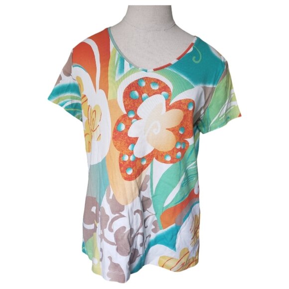 CT704 Chico's Additions Floral Short Sleeve V-neck Top M - Picture 1 of 5